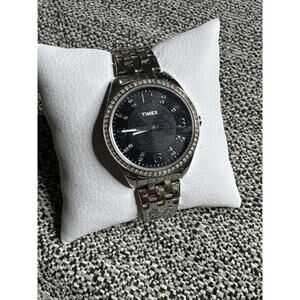 Timex Womens Watch Quartz Analog Black Dial Gem Set Bezel Silver Tone Case Band